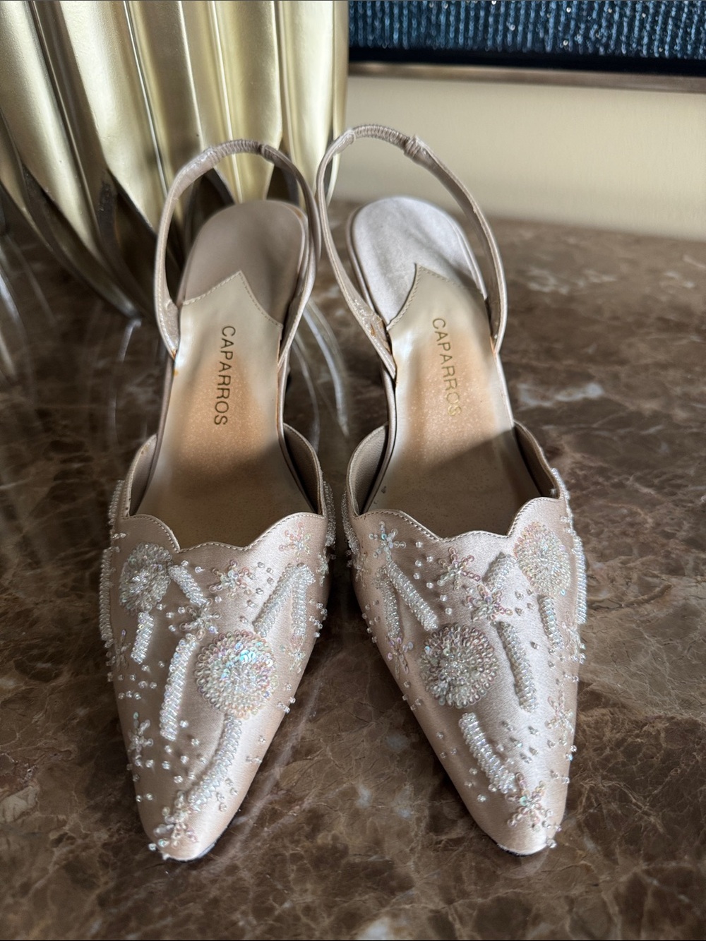 Caparros Beige/Pink Beaded Pointed-Toe Slingback Heels